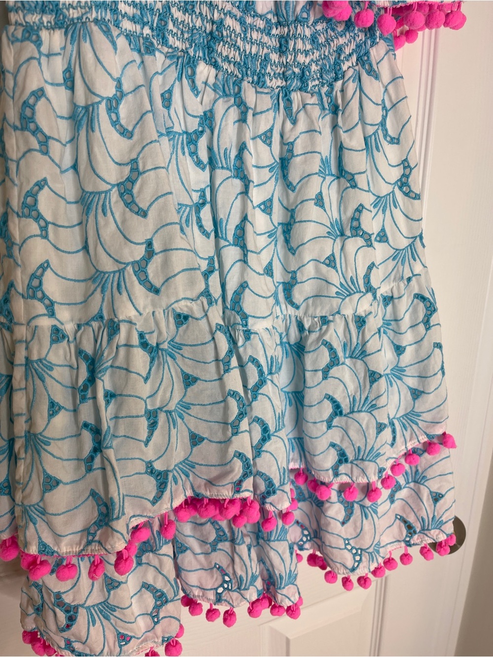 Lilly Pulitzer One-Shoulder Blue and Pink Pom-Pom Trim Dress - Picture 11 of 11